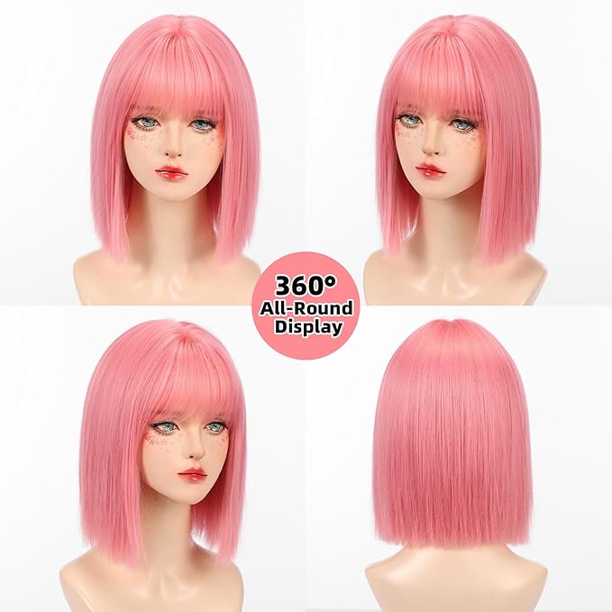 Allbell Pink Bob Wigs for Women Short Wig with Bangs Heat Resistant Synthetic Hair 12 inch for Daily Party Halloween Costume Use