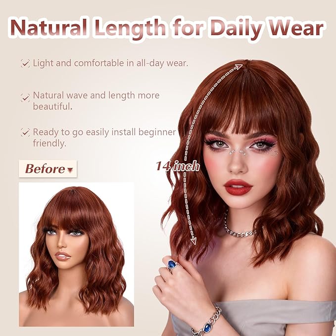 Bob Wig With Bangs Wave Wigs for Women 14 Inch Short Loose Wavy Heat Resistant Synthetic Wig Shoulder Length Hair for Daily and Cospaly Party Use (Auburn)