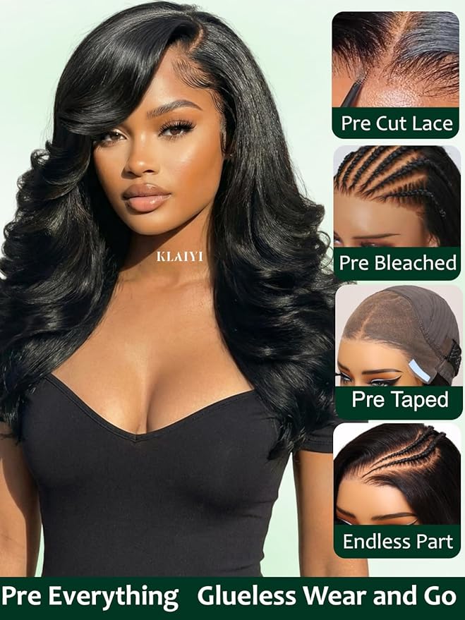 KLAIYI Pre Everything Glueless Layer Side Part Loose Body Wave 13x4 Lace Front Wigs Human Hair Drawstring Curtain Bangs Face framing Pre Bleached Knots Pre Plucked 3S Ready to Put On and Go Wig 16Inch