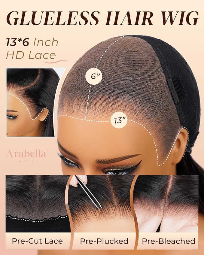 Arabella 13x6 Glueless Wigs Human Hair Pre Plucked Pre Cut Lace Upgraded Ear to Ear Full HD Lace Front Wigs Human Hair 210% Density Straight Wear and Go Glueless Wig Drawstring Wig Human Hair 30 Inch