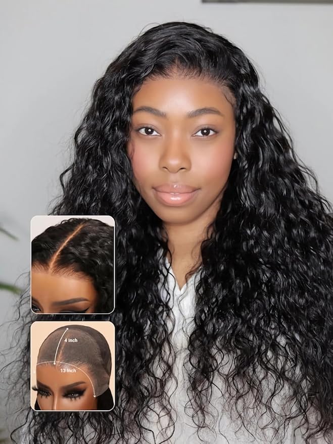 Julia Hair Bye Bye Knots Wig 13x4 Glueless Wigs Human Hair Mixed Curls Water Wave and Jerry Curly Fluffy Wig Pre Everything Pre Plucked Pre Cut HD Lace Bleached Knots Natural Black 16 Inch