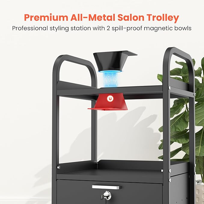 TASALON Metal Salon Trolley Cart with Wheels & Lockable Drawers – 4-Tier Hair Stylist Rolling Tray Cart, Barber & Esthetician Station Organizer, Beauty Salon Equipment & Spa Storage Cabinet