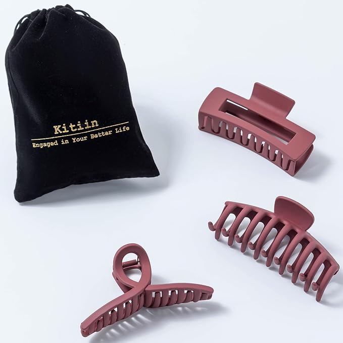 Burgundy Large Hair Claw Clips for Thick/Fine/Thin Hair, Strong Holding Teeth Interlocking Maroon Women Jaw Clips 3 Count Set-Oxblood