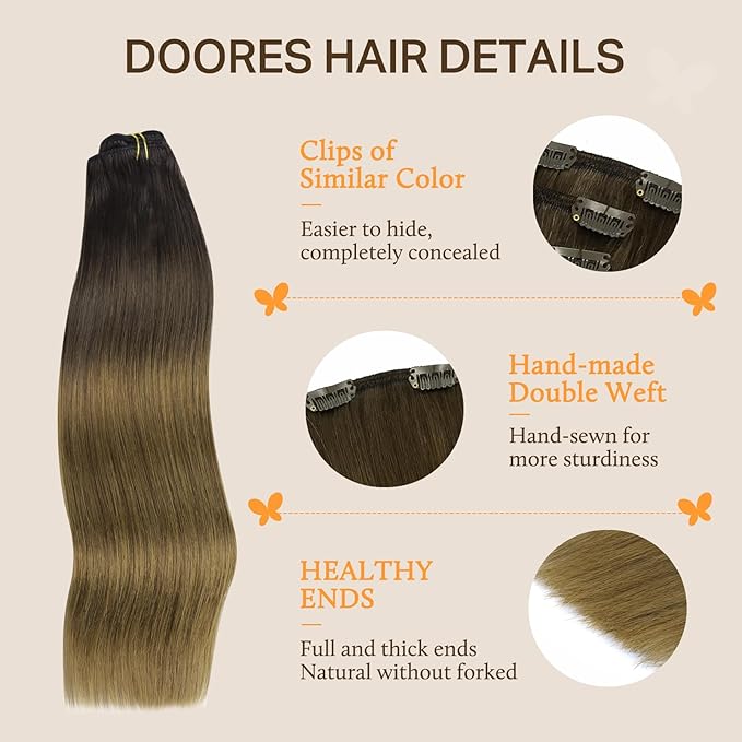 DOORES Hair Extensions Clip in, Chocolate Dip Color Melt 14 Inch 7pcs 100g, Silky Clip in Human Hair Extensions Real Natural Straight Weft