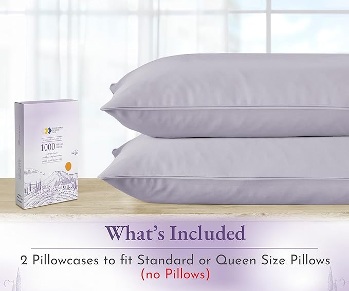 California Design Den Pillow Cases Queen Size Set of 2-1000 Thread Count, Soft and Smooth Sateen Weave, 100% Cotton Pillowcases Standard/Queen, Thick and Durable - Lavender Grey