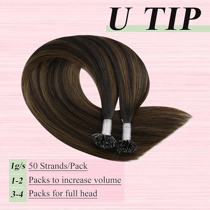 YoungSee U Tip Hair Extensions Human Hair Balayage K Tip Hair Extensions Real Human Hair Balayage Dark Brown with Brown Utip Hair Extension Ombre for Daily Confidence Boost 20In 50s/50G