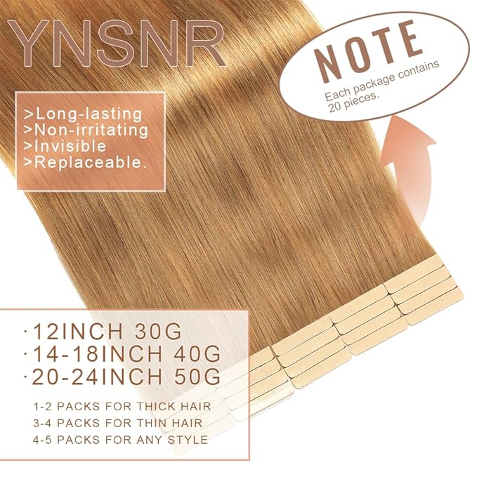 Tape in Hair Extensions Human Hair Caramel Blonde Hair Extensions 18 Inch 20pcs Remy Straight Human Hair Tape in Extensions Skin Weft Tape Extensions Human Hair