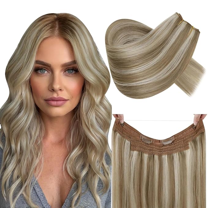 RUNATURE Wire Hair Extensions Human Hair, Hidden Fish Line Hair Extensions, Natural Remy Hair, One Piece Clip in Extensions for Women, Can be Styled, 14 Inch 70g #8P24 Brown Highlight Blonde