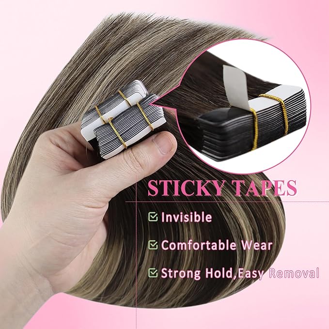 YoungSee Tape in Extensions Human Hair Balayage Tape in Hair Extensions Ombre Dark Brown to Ash Blonde 14 Inch Remy Human Hair Tape-in Extension for Women 20pcs 50g