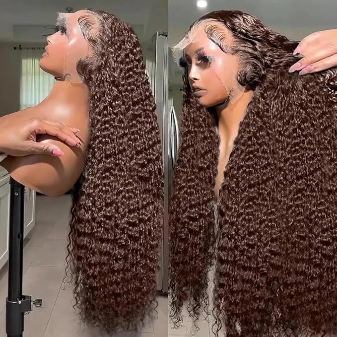 250% Density SKINLIKE Real HD Lace Wig, 13x6 Full Frontal 0.10mm Ultra-thin HD Lace Front Wigs Human Hair Pre-Plucked Bleached Knots Invisible Lace Chocolate Brown Deep Wave Human Hair Wigs 34 Inch