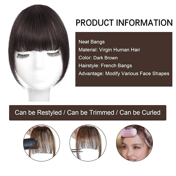 BOGSEA Clip in Bangs 100% Human Hair Bangs with Temples Bangs Hairpieces for Women Clip in Fake Bangs for Daily Wear (Dark Brown)