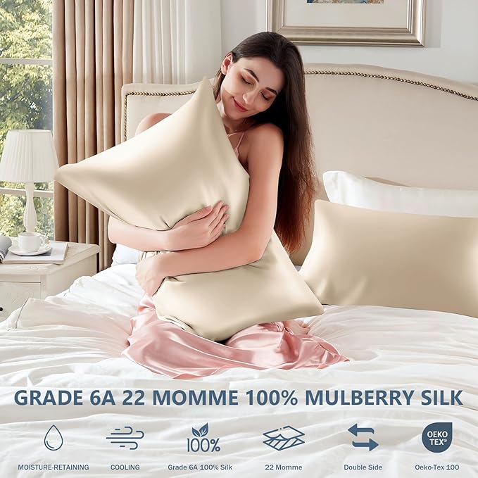 Silk Pillow Cases 2 Pack Standard Size Mulberry Silk Pillowcase Set of 2 for Hair & Skin 26 x 20 Inches 22 Momme Both Sided Grade 6A Silk Soft Breathable Cooling with Hidden Zipper, Beige