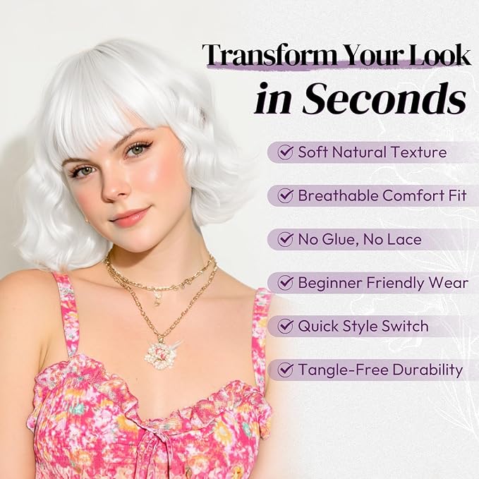 BARSDAR Short Wavy White Wig with Bangs - Short White Bob Wigs for Women - Curly Wavy Textured French Bob Wig with Bangs Soft Synthetic Natural Looking Face-Framing Daily Party Halloween