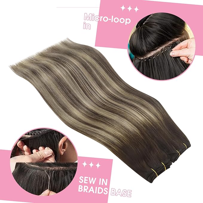 YoungSee Balayage Human Hair Sew in Extensions Chocolate Brown with Ash Blonde Balayage Weft Extensions One Piece Weft Hair Extensions Human Hair for Natural Look 22Inch 100G
