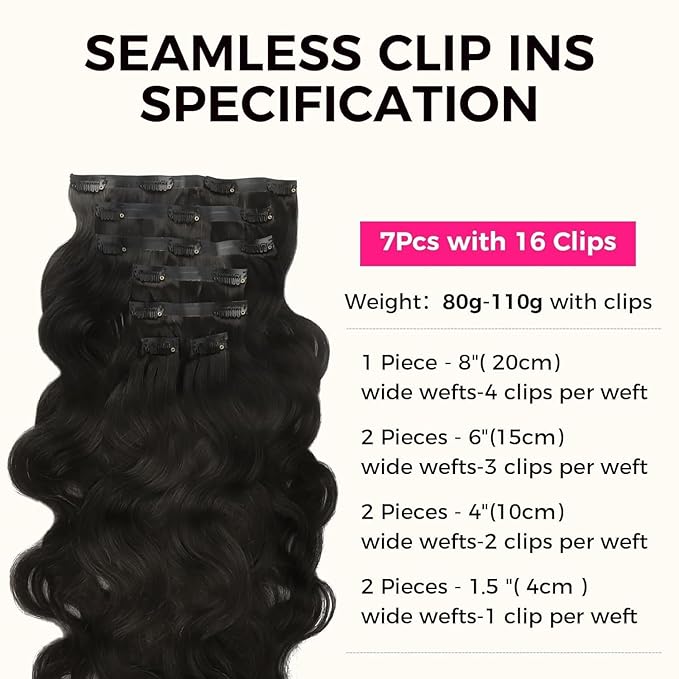 Lashey Seamless Clip in Hair Extensions Human Hair 7pcs 110g Body Wave 16 Inch Natural Black Clip in Hair Extensions with Invisi Edge for Women
