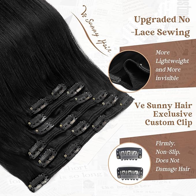 Ve Sunny Black Clip in Human Hair Extensions Remy Human Hair Clip in Extensions 14inch Clip in Hair Extensions Real Human Hair Easy to Wear 100g