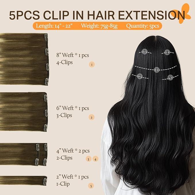 DOORES Clip in Human Hair Extensions, 5pcs 80g 20 Inch Walnut Brown to Ash Brown and Bleach Blonde Balayage Straight Natural