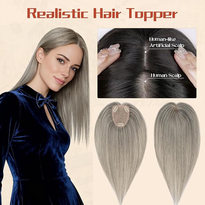 Rich Choices Human Hair Toppers for Women-100% Real Remy Hair Topper No Bang-Upgraded 150% Density 9 * 12CM Lace Base-Clip in Hairs Topper for Thinning Hairs-14Inch #G3 Salt and Pepper Grey