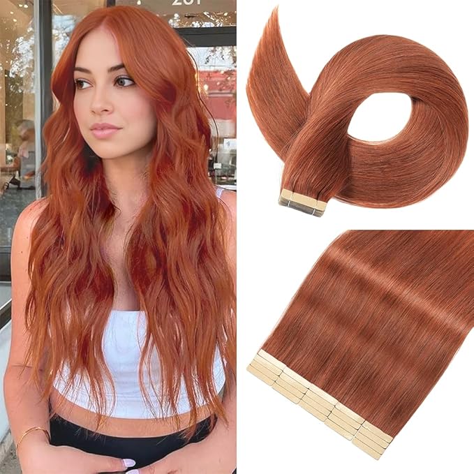 Dark Reddish Auburn Tape in Hair Extensions Real Human Hair 24 Inch Tape for Skin Weft Hair Extension Invisible Tape in Hair Extensions Straight Remy Human Hair for Women 20pcs