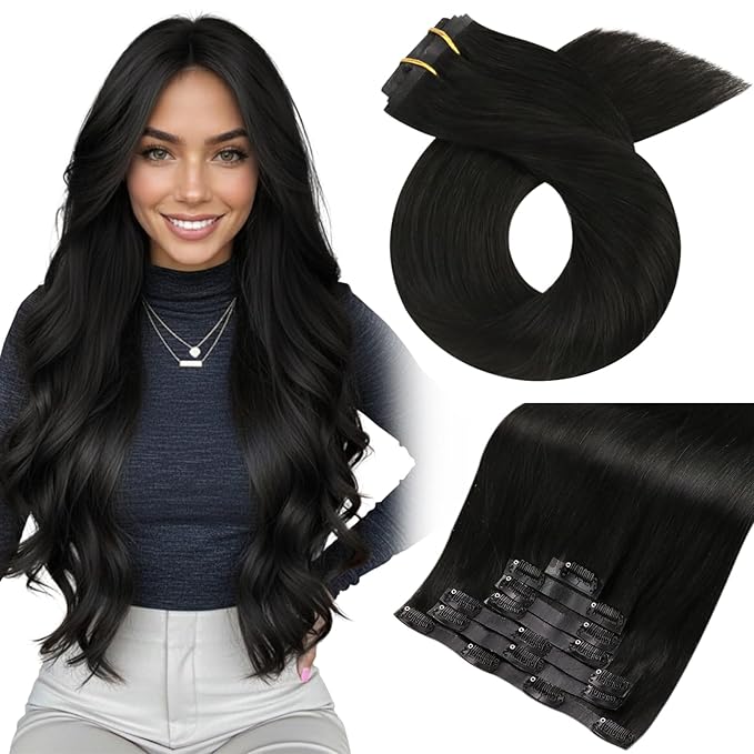 Moresoo Seamless Clip in Hair Extensions Natural Black Pu Skin Weft Natural Remy Human Hair Extensions Clip in 24inch to Add Volume Long for Women 130g 24inch 7pcs