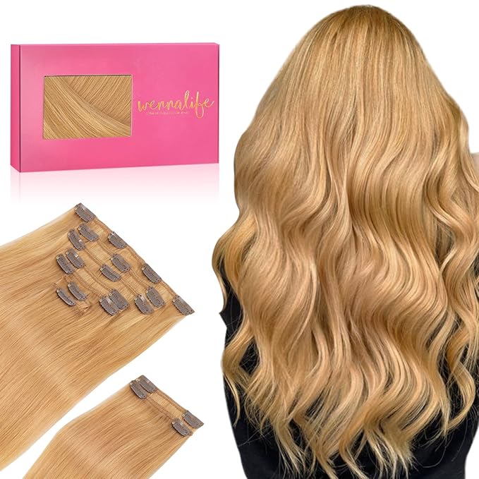 WENNALIFE Clip in Hair Extensions Real Human Hair, 14 Inch 150g 9pcs Human Hair Extensions Clip In, Strawberry Blonde Hair Extensions Clip In Real Hair Coloured Remy Human Hair Extensions