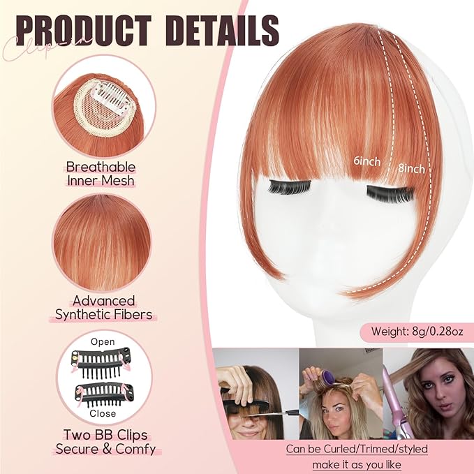 Clip in Bangs, Synthetic Wispy Bangs Hair Clip, Copper Red Fake Bangs Fringe with Temples Hairpieces for Women Natural Curved Hair Extensions for Daily Wear