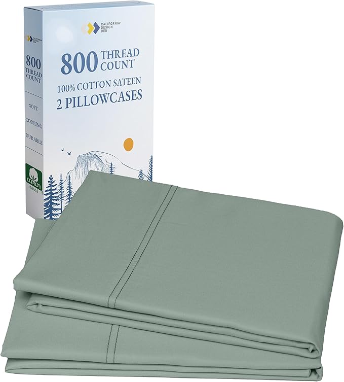 California Design Den Standard/Queen Size Pillow Cases Set of 2 - Luxuriously Soft and Thick 800 Thread Count, Smooth Sateen, Natural 100% Cotton Pillowcases Queen, Durable -Sage Green