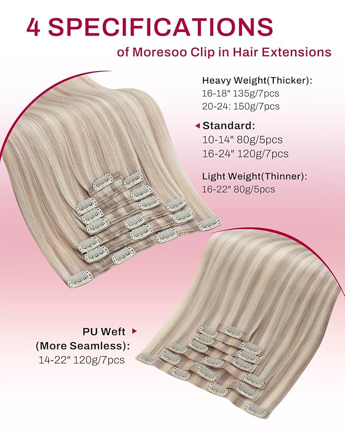 Moresoo Blonde Clip in Hair Extensions Blonde Highlights Human Hair Clip in Extensions Ash Blond with Bleach Blond Remy Human Hair Long 120g/7pcs 22 inch