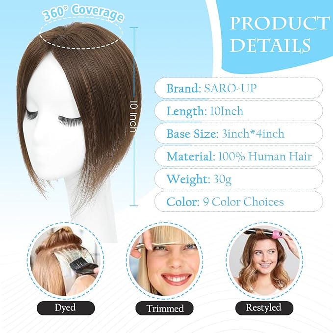 Hair Toppers for Women Real Human Hair Toppers for Women with Thinning Hair pieces with No Bangs 3 * 4Inch Hand-Tied Invisible Upgrade Swiss Base 10Inch Topper(Medium Brown)