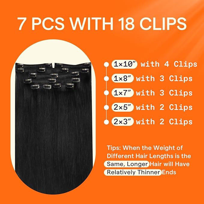 Full Shine Black Hair Extensions Clip in Human Hair Clip in Extensions for Thin Hair Black Triple Weft Straight Hair Extensions for Women 16 Inch 120 G 7 Pcs