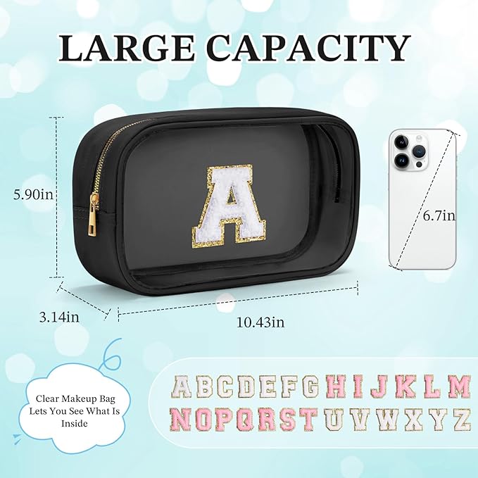 YOOLIFE Initial Travel Essentials Makeup Bag, Skin Care Clear Toiletry Bag Pouch Cosmetic Bag Case Large Makeup Bag Personalized Birthday Gifts for Women Birthday Gifts for Her Wife Black J