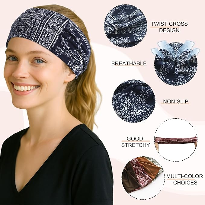 Artilady 6 Pack Boho Headbands for Women - Wide Bandana Headband Non Slip Stretchy Cheetah Paisley Print Turban Headwarp Twisted for Girls
