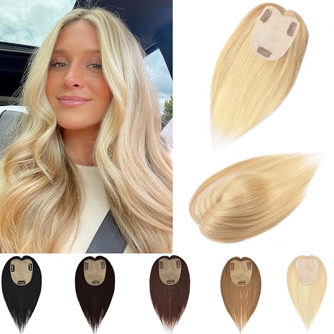 Human Hair Toppers for Women with Thinning Hair Real Human Topper Crown No Bangs 10 Inch #18P613 Ash Blonde mix Bleach Blonde