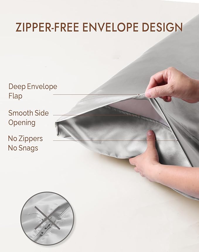 SilkSilky 100% Mulberry Silk Pillowcase - Pure 22 Momme High-Grade 6A Fibers for Hair & Skin, Envelope Closure, Natural, Organic, Breathable & Cooling Pillow Case (Standard, Silver)