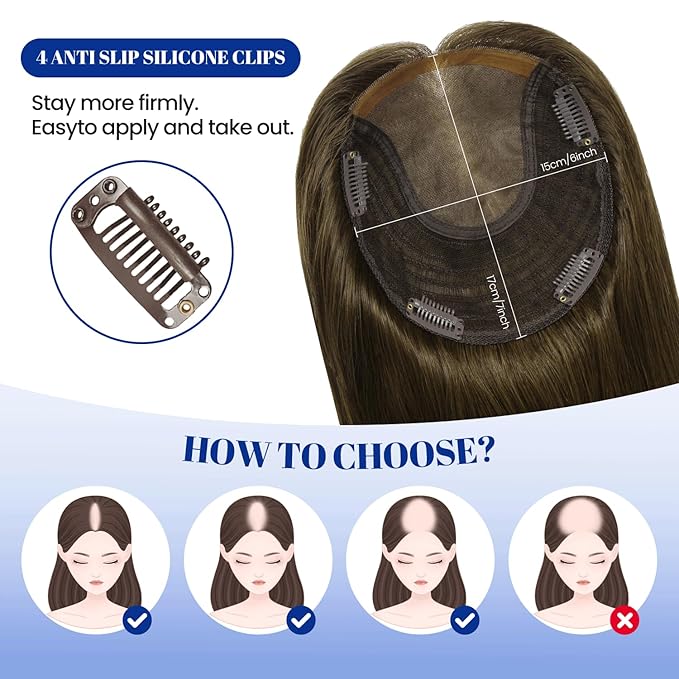 WORLDSTAR Hair Topper for Women Real Human Hair With Swiss Base Hairpieces Hand-stitched, No Bangs,55g,6 * 7 Inch Base,12 Inch #4 Medium Brown with Top Extension for Thinning Hair (tp#4-12)