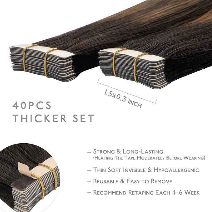 WENNALIFE Tape in Hair Extensions Human Hair, 40pcs 100g 18 inch Balayage Dark Brown Mixed Chestnut Brown Hair Extensions Real Human Hair Straight Tape in Extensions Invisible Human Hair Extensions