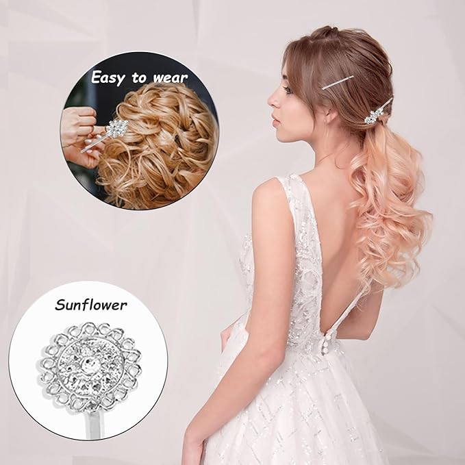 10 Pieces Rhinestone Hair Clips, Crystal Bobby Hair Pins Decorative Rhinestone Hair Barrettes for Wedding, Leaf Feather Sunflower Hair Clips Metal Hair Accessories for Women,4 Styles (silver)