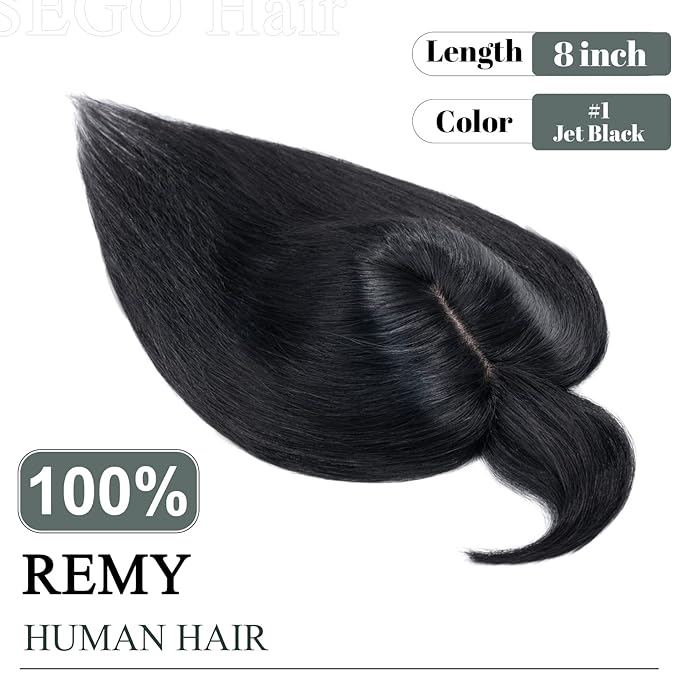 SEGO Hair Toppers for Women Real Human Hair with Thinning Hair, Toppers Hair Pieces Clip in Toppers Straight Hair Pieces with Front Bangs 150% Density Silk Base -8 Inch #1 Jet Black
