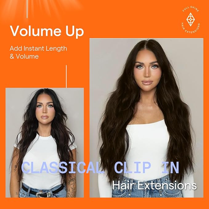 Full Shine Long Clip in Hair Extensions Brown Human Hair Clip in Extensions 22 Inch Straight Real Human Hair Dark Brown Hair Extension for Women 7 Pcs