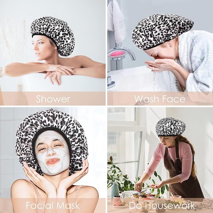 Aquior Shower Cap,Extra Large Triple Layer Bathing Cap with Dry Hair Function for Women Microfiber Terry Cloth Silky Satin 100%% Waterproof Reusable Long Hair Bath Caps (Leopard)