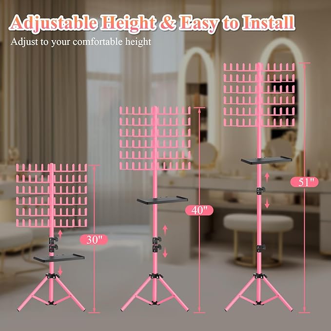 Braiding Hair Rack with Tray, 144 Pegs Height Adjustable Braiding Rack, 2-side Hair Extension Holder Hanger, Hair Stand with Stylist Hair Braiding Tools for Hair Salon Home Traveling (Pink)