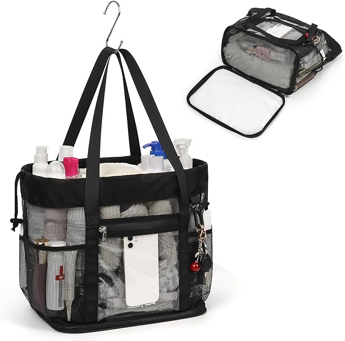 Large Shower Caddy Portable, Mesh Shower Caddy with Hook, Hanging Toiletry Bag with Dividers, Quick Dry Bathroom Tote Shower Bag with Bottom Zipper Open Design for Gym, Dorm, Camping, Beach, Travel