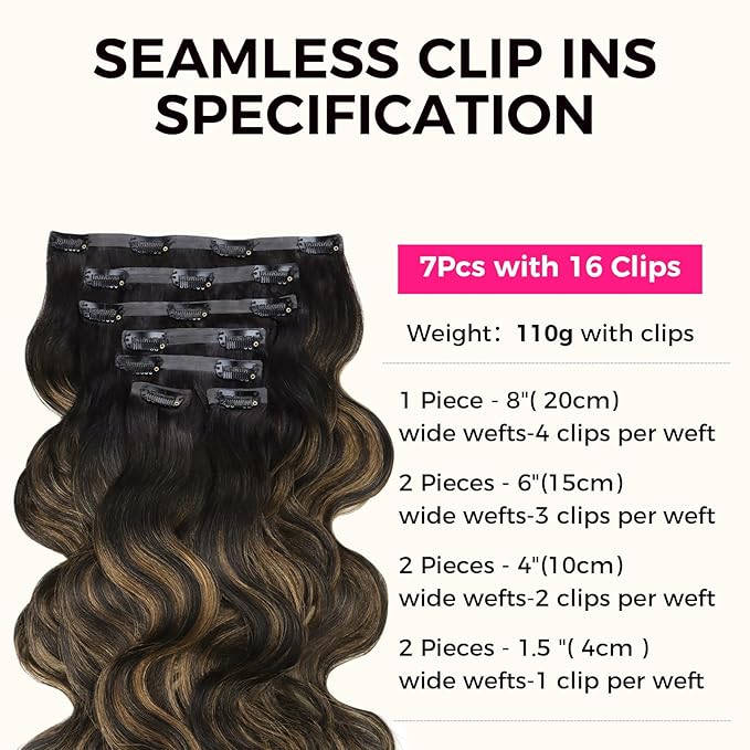 Lashey Seamless Clip in Hair Extensions Remy Human Hair Natural Black Mixed Chestnut Brown 110g 7pcs Body Wave 24 Inch