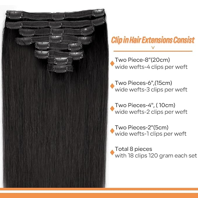 Straight Clip In Hair Extensions Real Human Hair 8Pcs Clip In Jet Black Human Hair Extensions with 18Clips Lace Weft 120g 20inch #1 Jet Black