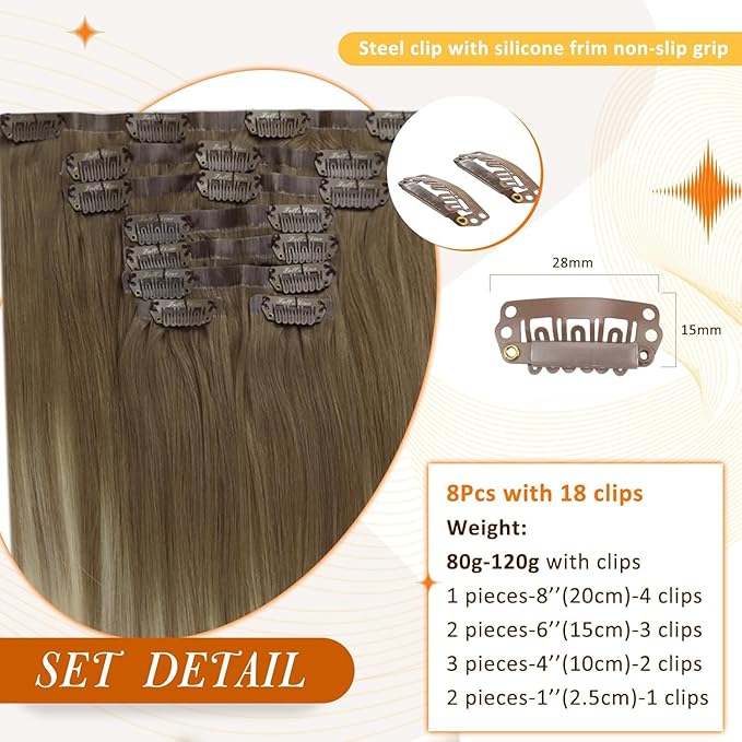 Full Shine Seamless Clip in Hair Extensions Human Hair Ombre Blonde Hair Extension Clip ins Ombre Light Brown to Platinum Blonde Hair for Women 14 Inch 8 PCS 120 Grams