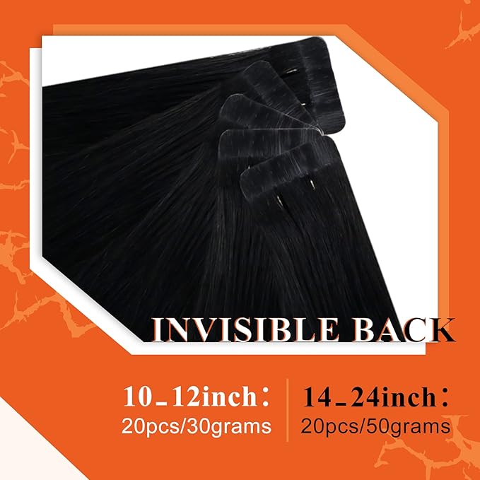 Full Shine Invisible Tape in Hair Extensions Human Hair 18Inch Soft Remy Tape in Hair Extensions Color Jet Black Tape Ins Human Hair Extensions 20Pcs 50Grams Long Straight for Women
