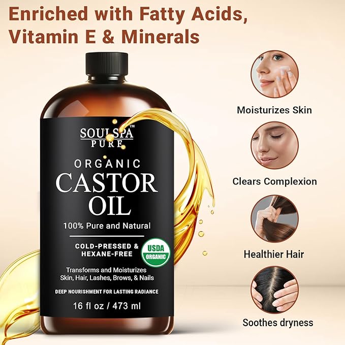 Organic Castor Oil for Hair, Scalp, Skin, Face & Eyelashes | USDA Certified | 100% Pure Castor Oil Organic Cold Pressed Unrefined Glass Bottle, Hexane Free - Soulspa Pure - 16 fl oz