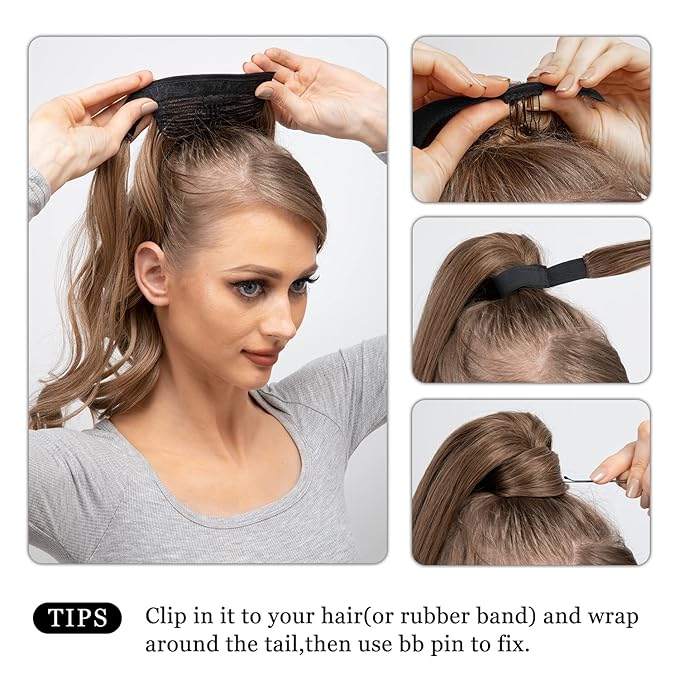 CJL HAIR 22" Long Ponytail Hair Extension Wrap Around Pony Tail Clip in Curly Wavy Synthetic Fake Hairpiece for Women Ash Medium Brown/Ash Blonde