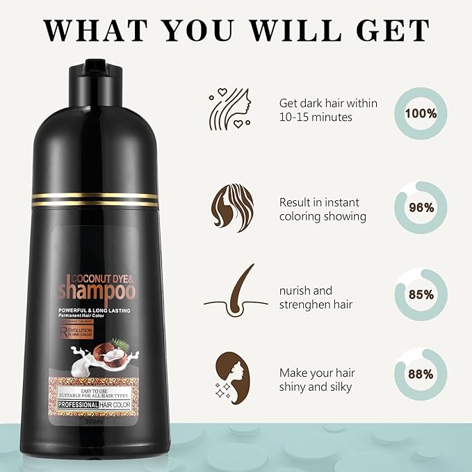 Hair Dye Shampoo 3 in 1, Instant Hair Color for Women Men, Covers Grays in Minutes, Long Lasting Brown Hair Dye, Coconut Dye Shampoo, Champu Para Canas, Easy to Use 16.90 Fl Oz