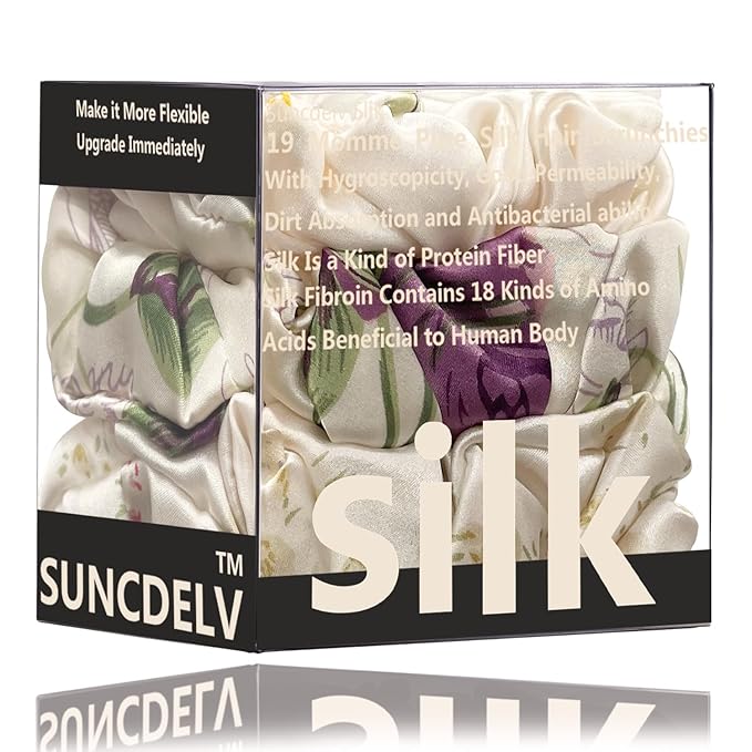 Suncdelv Silk,100% Silk Scrunchies for Hair,22 Momme Hair Ties for Anti-Crease & Breakage,Natural Women Hair Accessories，Fashion Hairbands 3PCS（Flower）